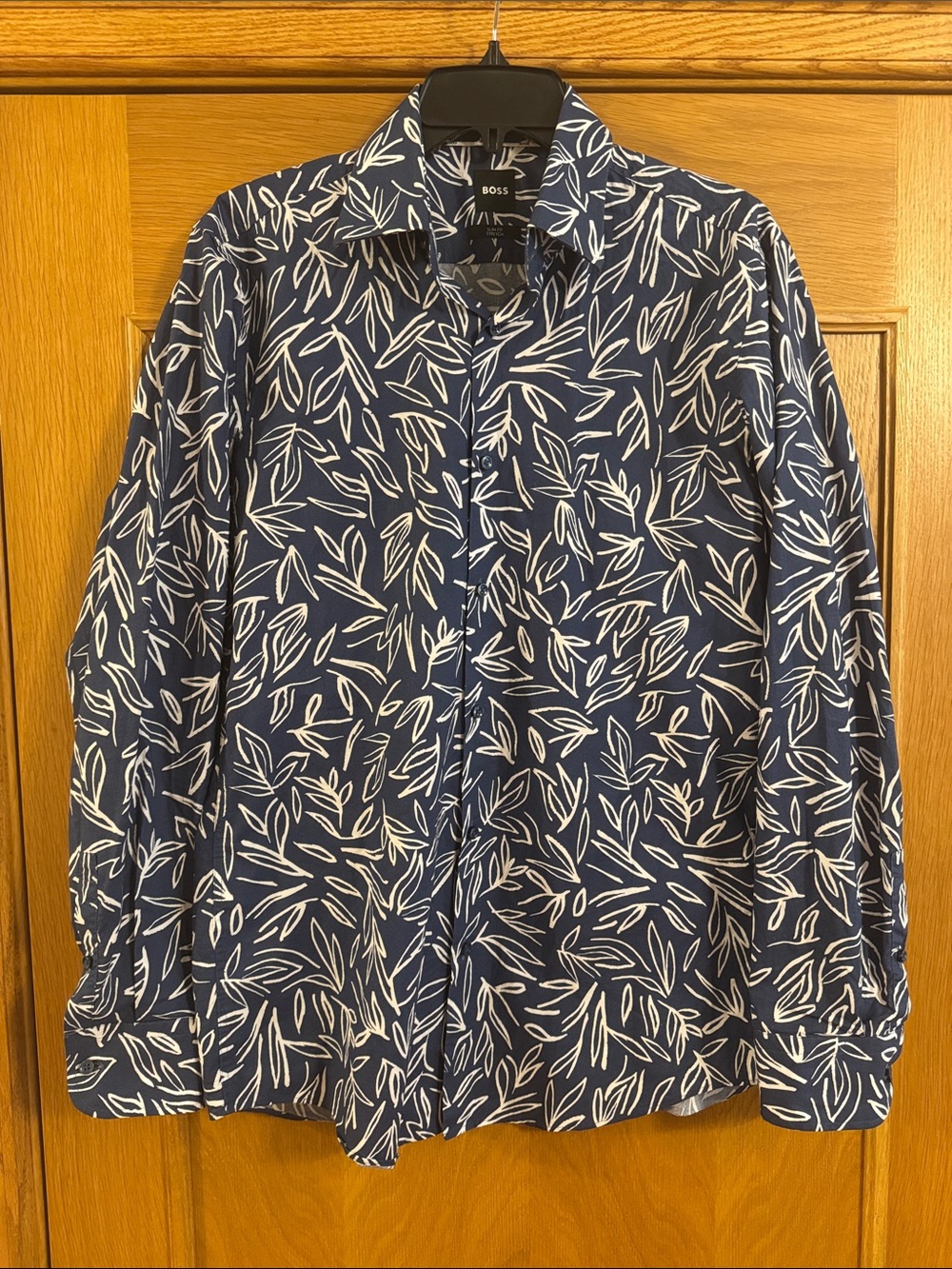 BOSS Slim Fit Stretch Easy Iron H Hank Kent Long Sleeve Shirt Size M Leaf Print - Picture 2 of 10